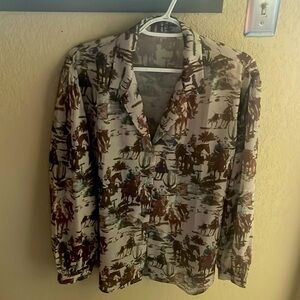 Turquoise Haven, long sleeved, cowboy print button-down blouse